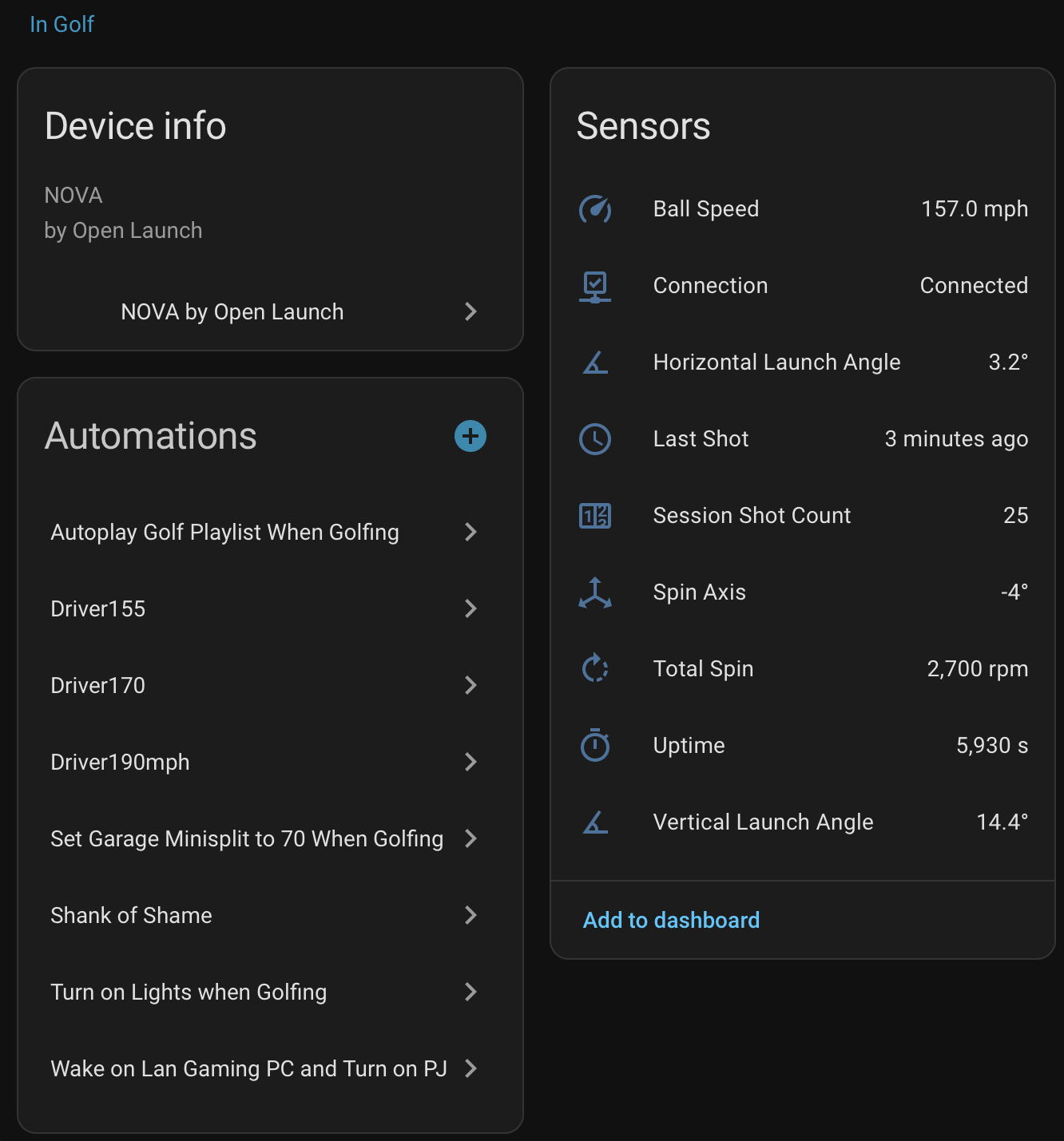 Nova Home Assistant dashboard showing device information, shot sensors, and hitting bay automations.