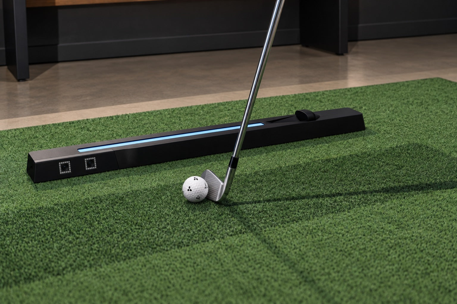 Nova beside a marked golf ball and iron