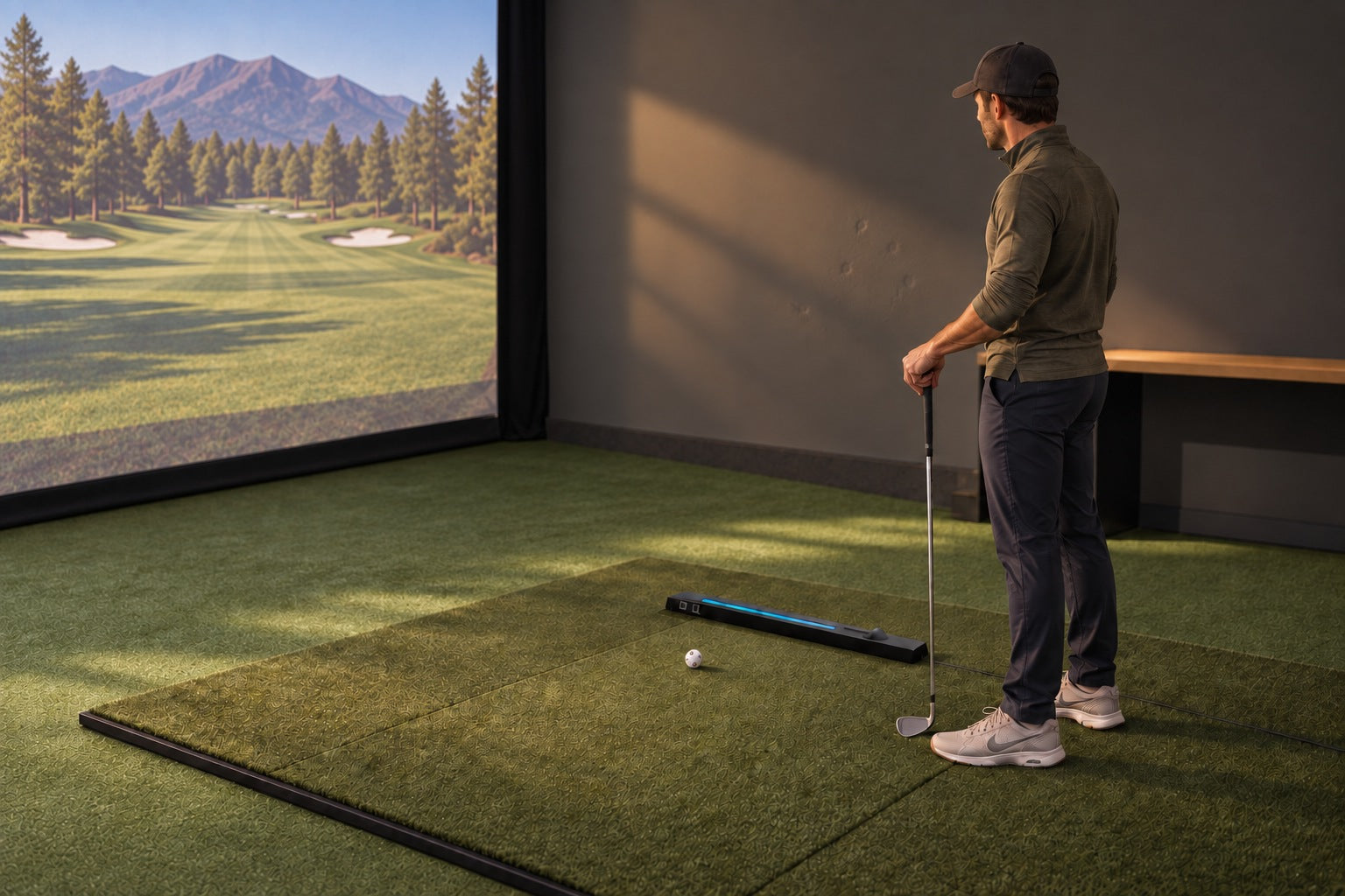 Golfer watching a mountain course with Nova beside the ball