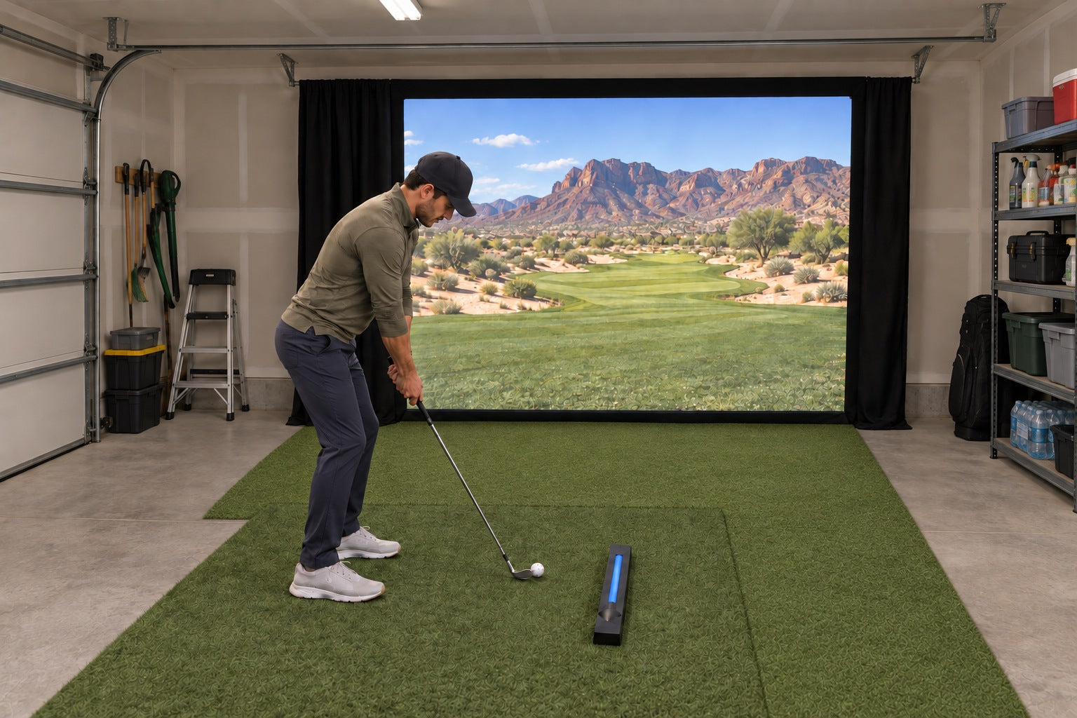 Golfer using Nova in a garage simulator